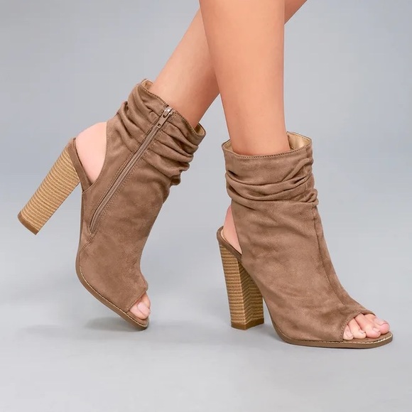 Lulus Shoes - Lulus Only the Latest Taupe Suede Peep-Toe Booties